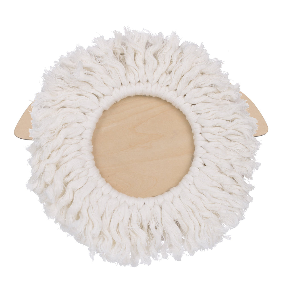 Natural Wood Sheep Wall Decor with Ivory Yarn Wool