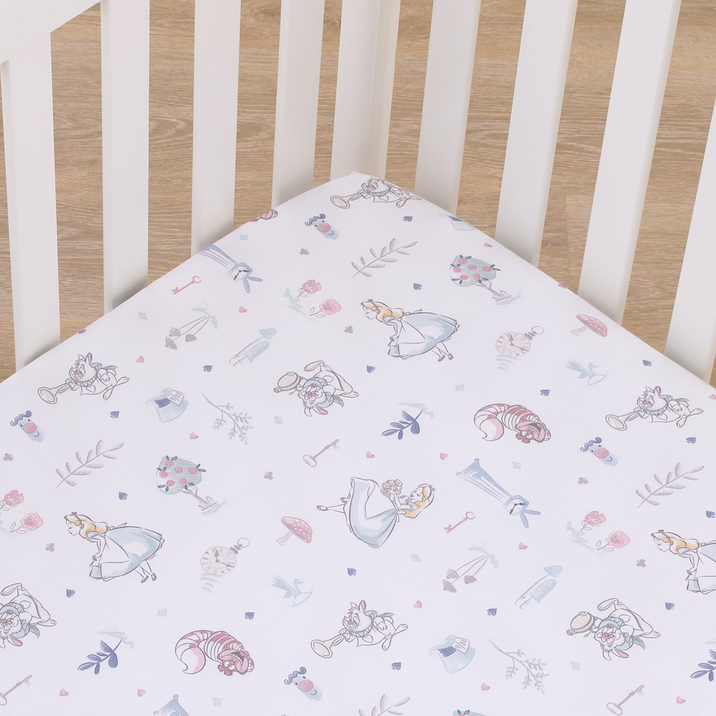 Disney Alice in Wonderland Light Blue, Pink, and White, Rabbit, and Cheshire Cat Super Soft Nursery Fitted Crib Sheet