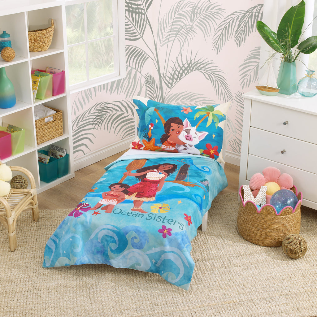 NoJo Disney Moana 2 Ocean Sisters 4 Piece Toddler Bed Set - Comforter, Fitted Bottom Sheet, Flat Top Sheet, Reversible Pillowcase, Aqua, and Orange