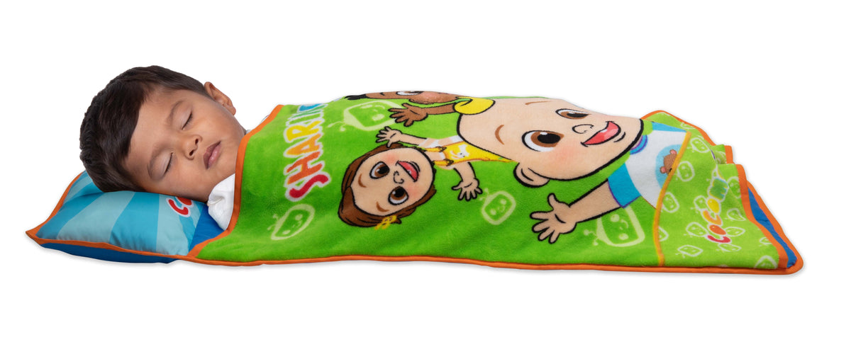 NoJo CoComelon Plush Toddler Nap Mat - Includes Attached Pillow and Fleece Blanket, Green, and Blue