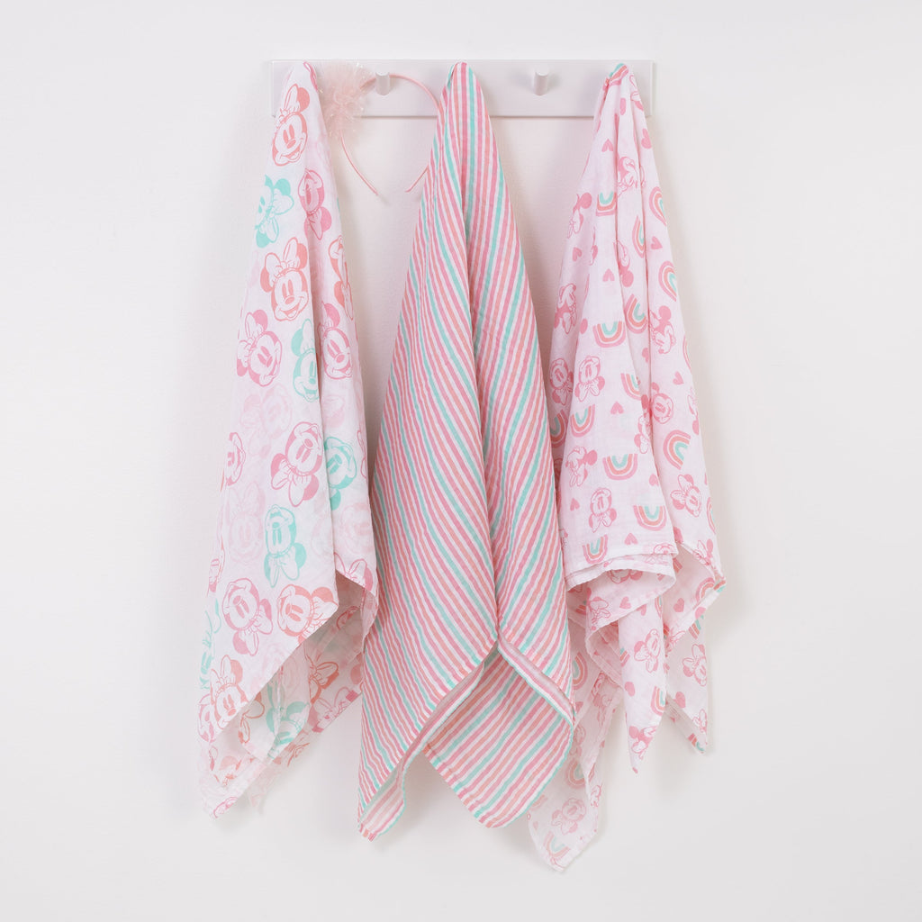 Disney Minnie Mouse Pink, Aqua, and White 3 Piece Muslin Swaddle Baby Blanket Set