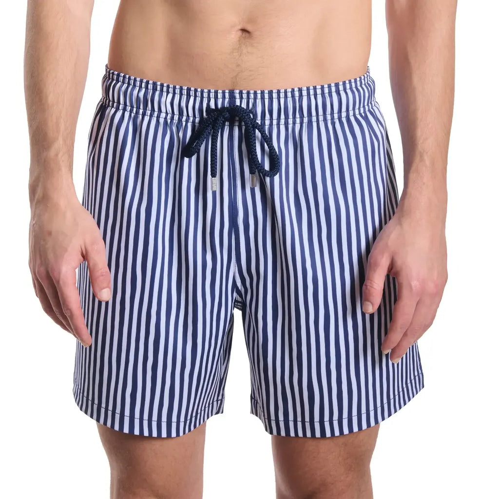 Marina Pinstripe, Indigo and Surf Hybrid Short, Compression Lined Swim and Resort Trunk