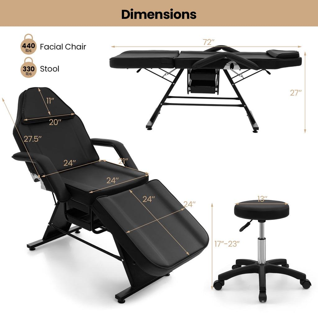 72 Inch Massage Bed with Hydraulic Stool Removable Headrest and Storage Boxes