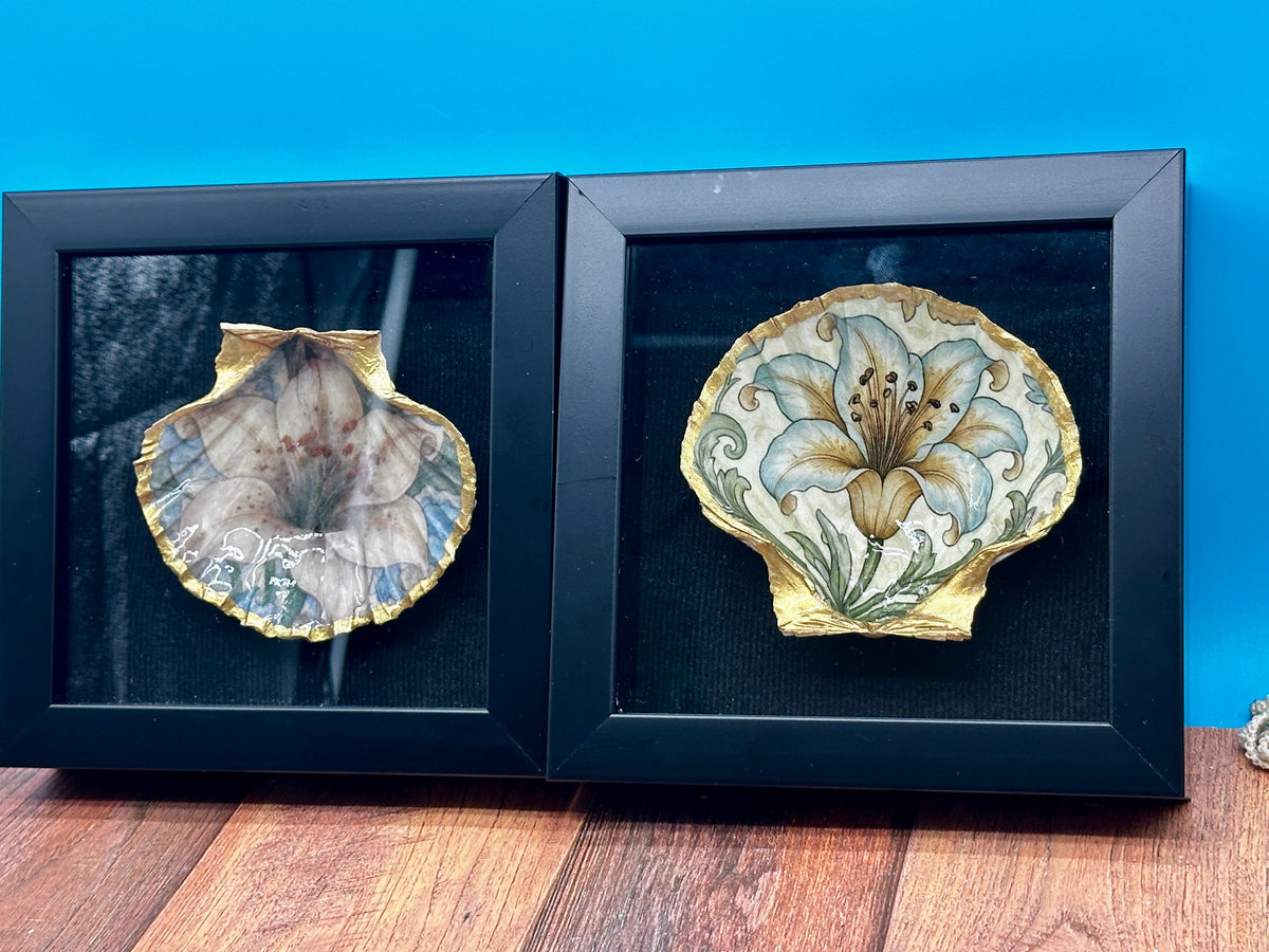 Decoupaged Scallop Shell Black Shadow Box Wall Art