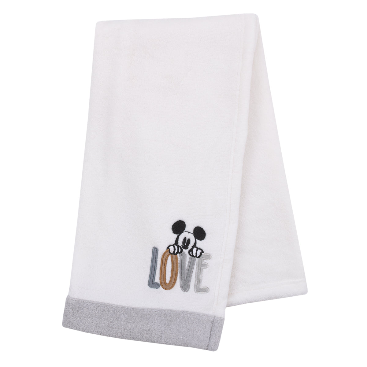 Mickey Mouse Love Mickey White, Gray, and Tan Love Applique Super Soft Baby Blanket