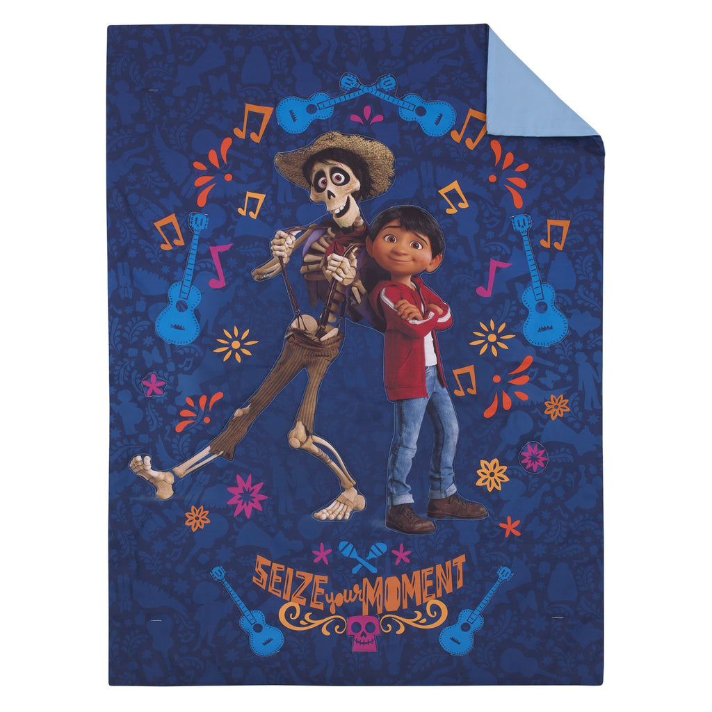 Coco Navy, Orange, and Light Blue, Seize Your Moment 4 Piece Toddler Bed Set - Comforter, Fitted Bottom Sheet, Flat Top Sheet, and Reversible Pillowcase