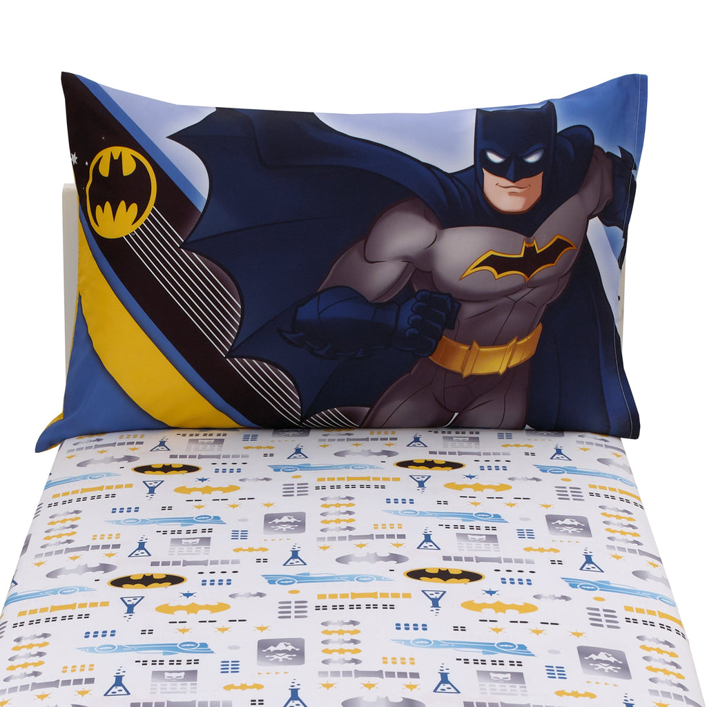 Warner Bros  Batman The Caped Crusader Blue, Gray, and Yellow Bat-Signal and Batmobile 2 Piece Toddler Sheet Set - Fitted Bottom Sheet and Reversible Pillowcase