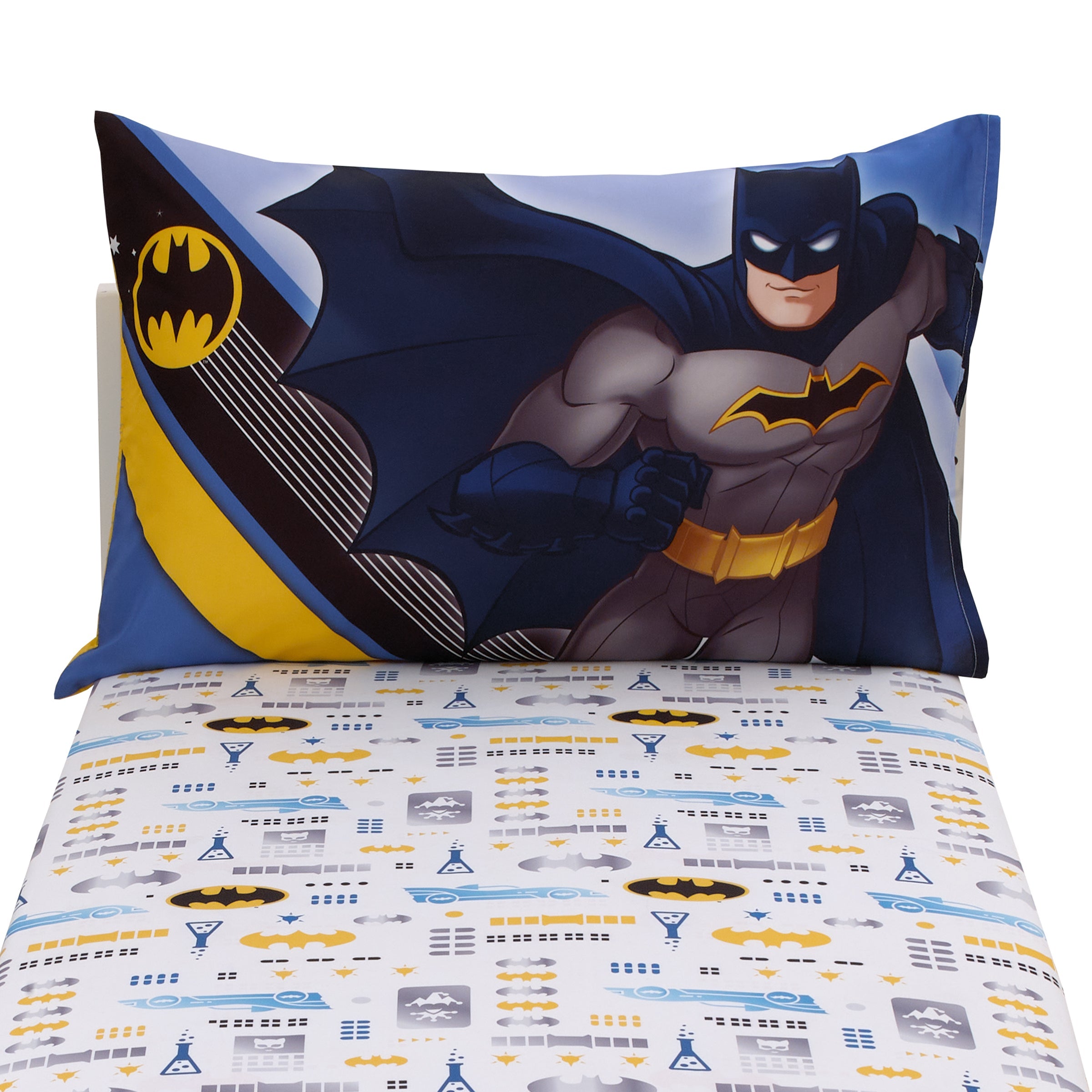 Warner Bros  Batman The Caped Crusader Blue, Gray, and Yellow Bat-Signal and Batmobile 2 Piece Toddler Sheet Set - Fitted Bottom Sheet and Reversible Pillowcase