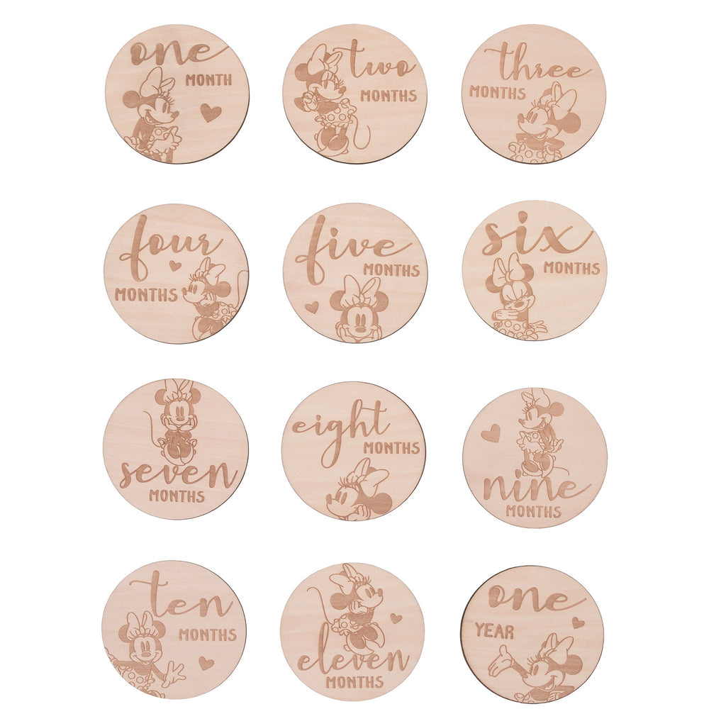 Minnie Mouse Natural Wood Tone, 12 Piece Wooden Engraved Milestone Cards