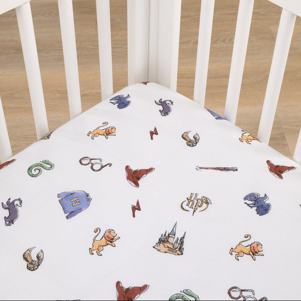 Warner Bros  Harry Potter Welcome Little Wizard Navy, Burgundy, Blue, and White 100% Cotton Fitted Crib Sheet