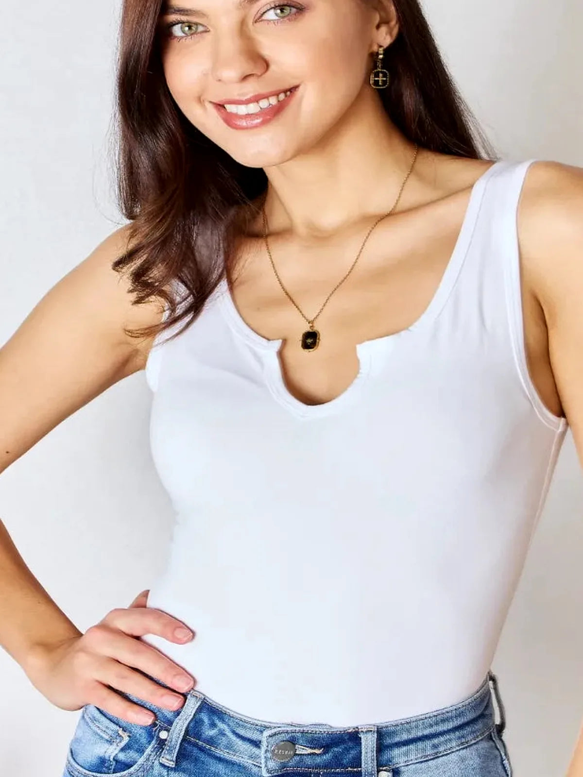 Notched Neck Microfiber Sleeveless Bodysuit