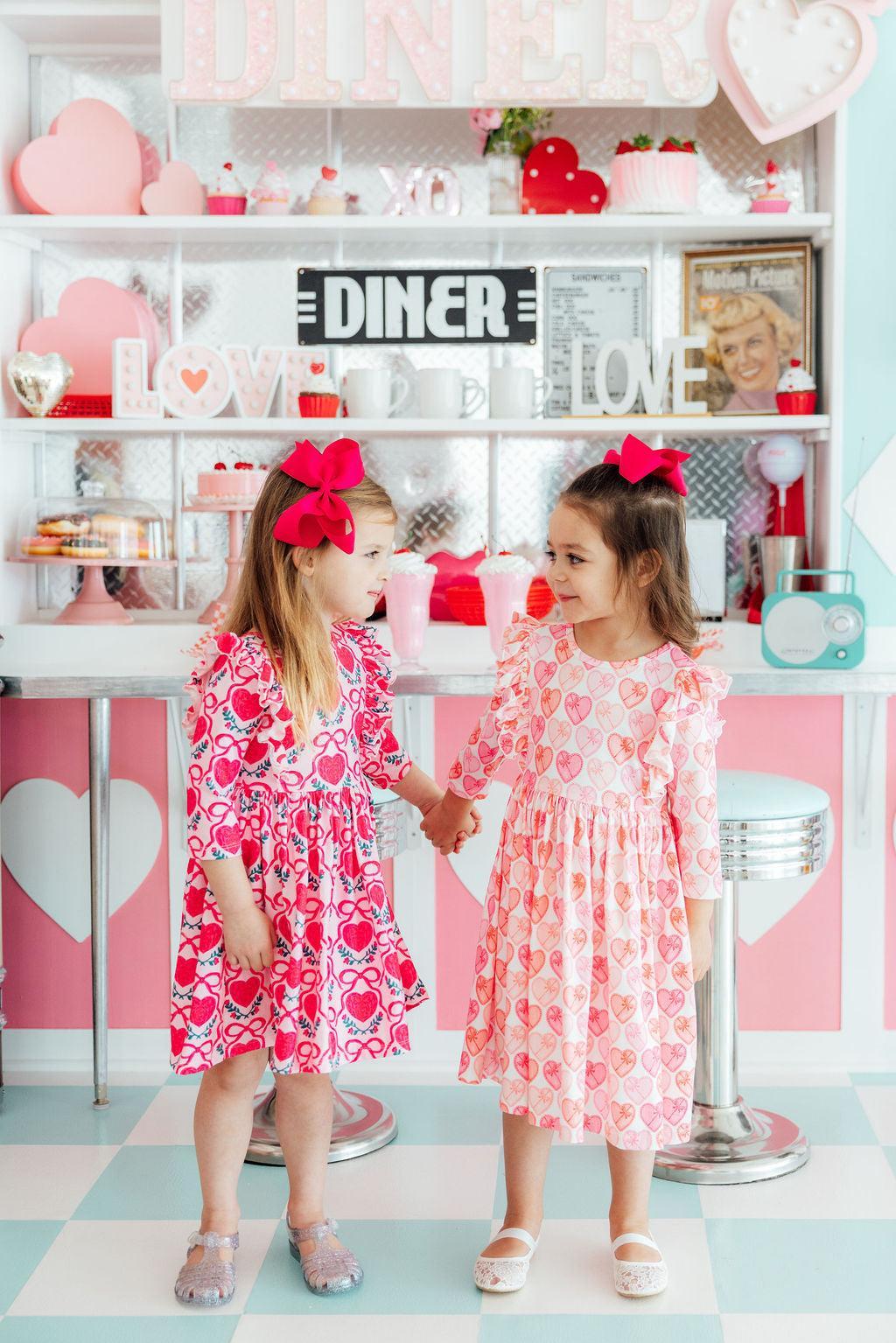 Fluttering Hearts 3/4 Sleeve Ruffle Twirl Dress