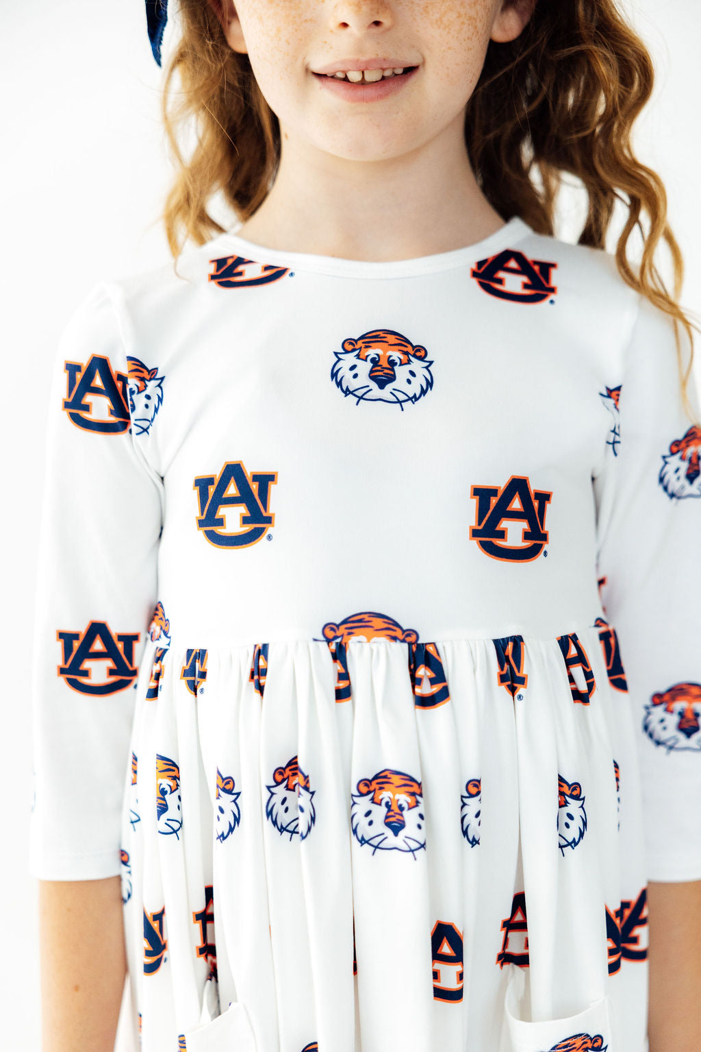 Auburn White Aubie 3/4 Sleeve Pocket Twirl Dress