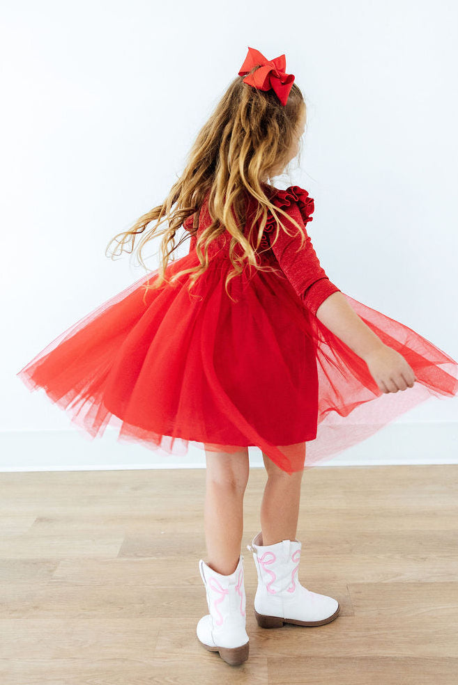 Red Shimmer 3/4 Sleeve Tutu Dress