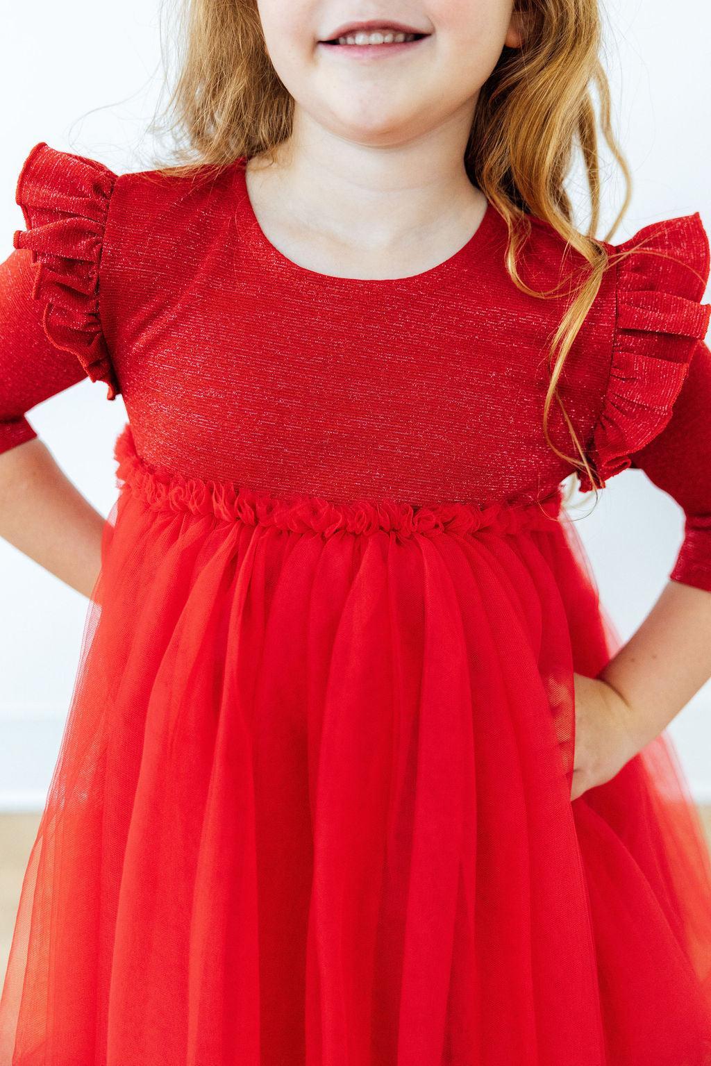 Red Shimmer 3/4 Sleeve Tutu Dress