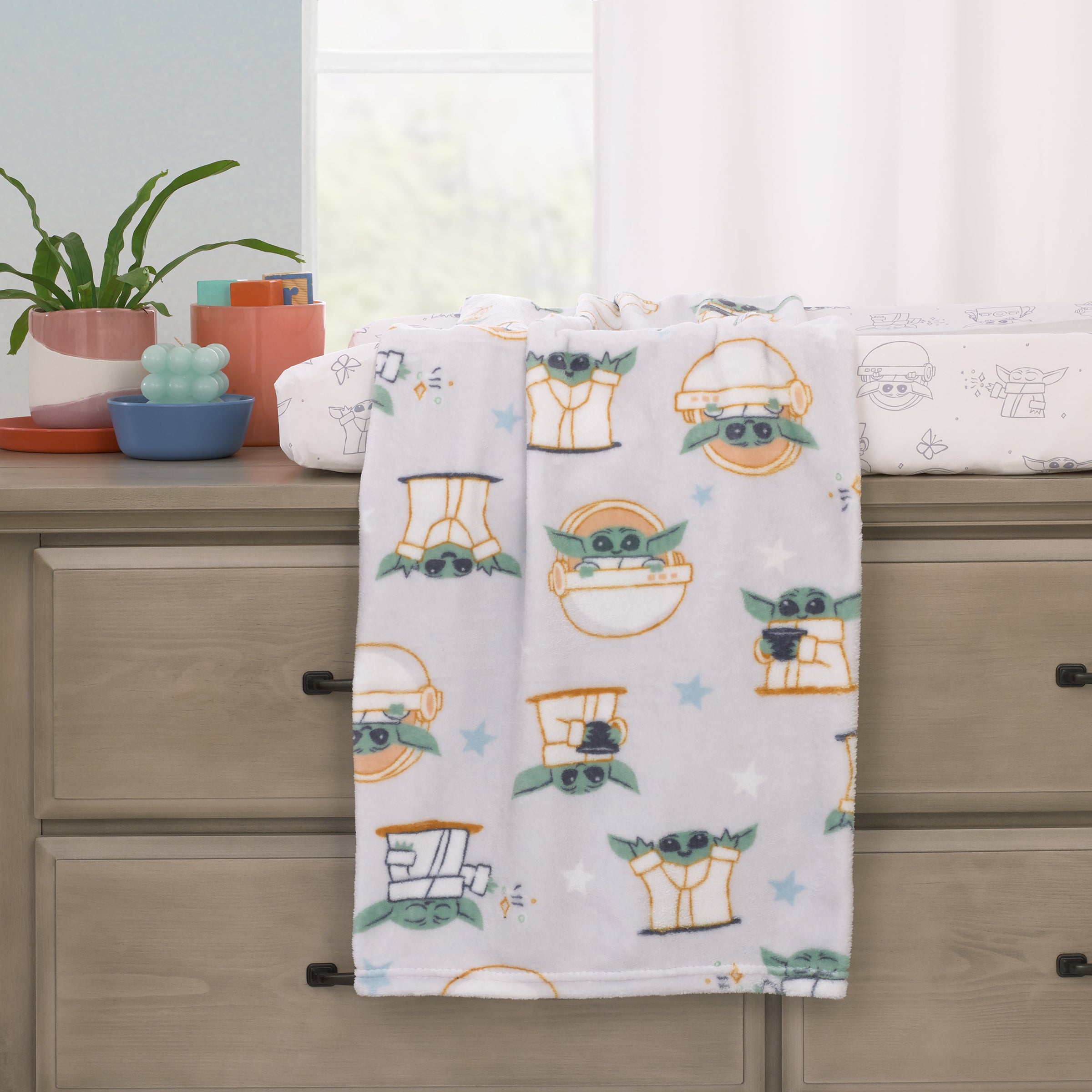 Grogu Cutest in the Galaxy Cream, Green, and White Super Soft Baby Blanket