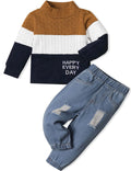 mksodopy Toddler Boy Clothes Color Block Sweater Jeans-Toddler Boy Fall Winter Outifts-Toddler Boy Clothing Set - # BOAA11310008