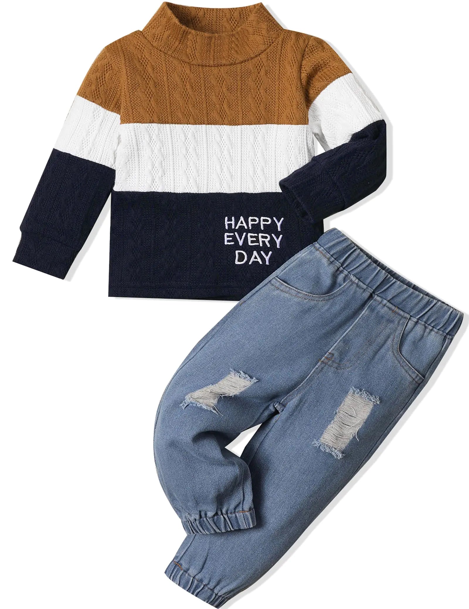 mksodopy Toddler Boy Clothes Color Block Sweater Jeans-Toddler Boy Fall Winter Outifts-Toddler Boy Clothing Set - # BOAA11310008