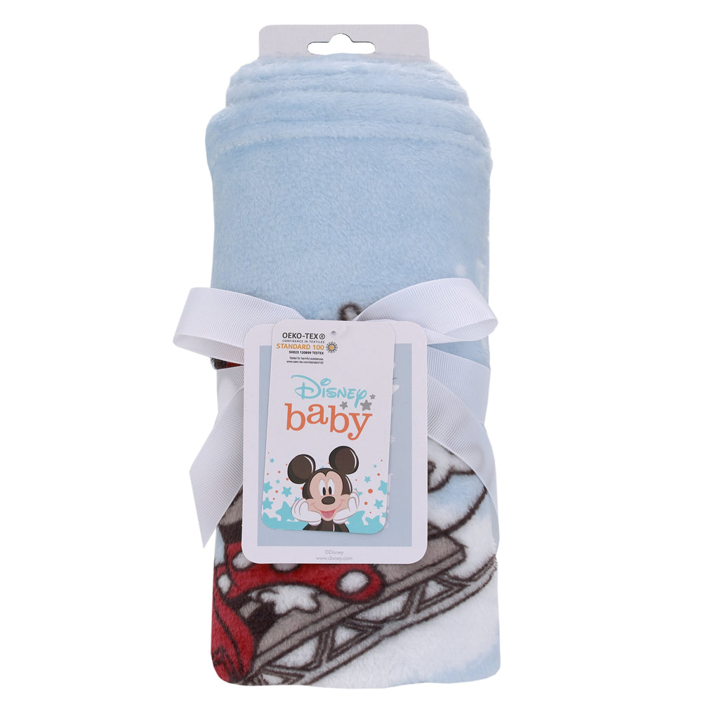 Disney Mickey and Minnie Mouse Blue, White and Red Winter Holiday "Oh, What Fun!" Snowflakes Photo Op Super Soft Baby Blanket