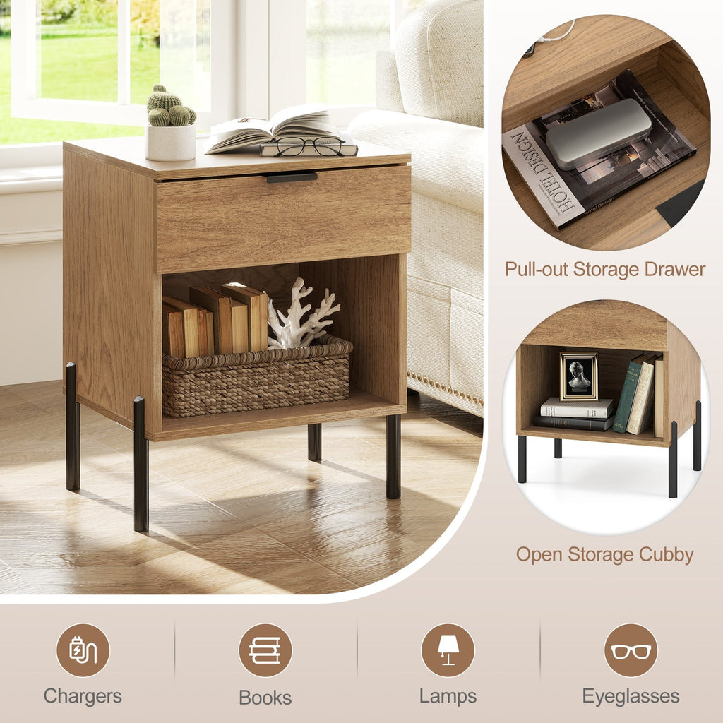 Modern Nightstand with Charging Station-Natural