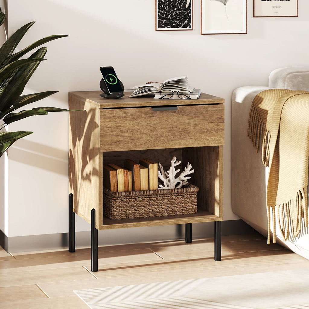 Modern Nightstand with Charging Station-Natural