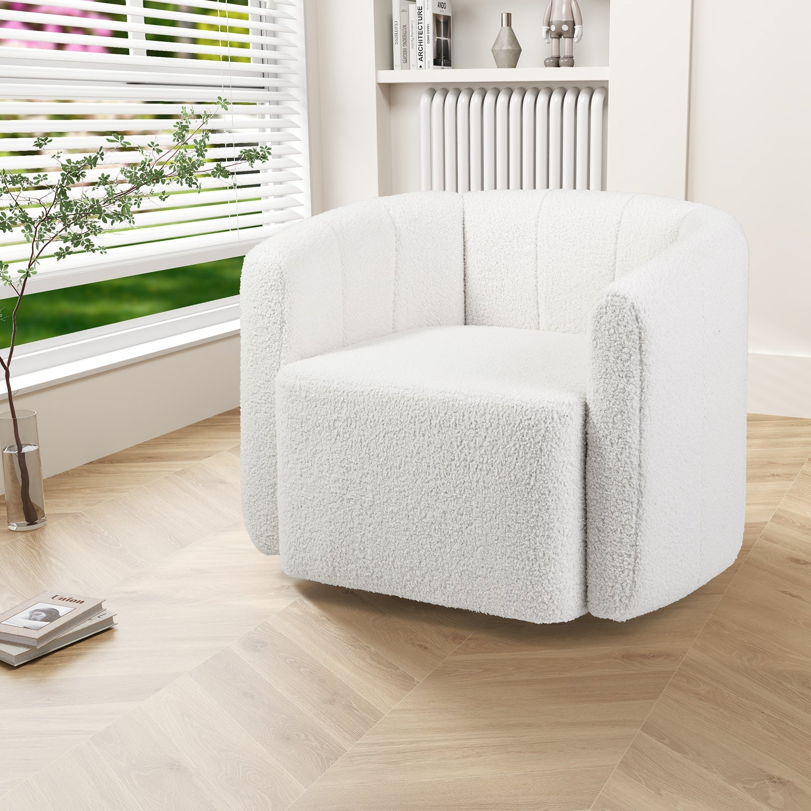 Modern Upholstered Sherpa Accent Chair with Curved Backrest and Armrests-White