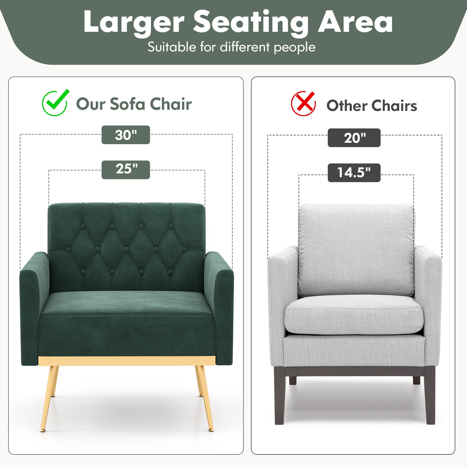 Modern Velvet Accent Chair with Button Tufted Back Golden Metal Legs and Adjustable Foot Pads