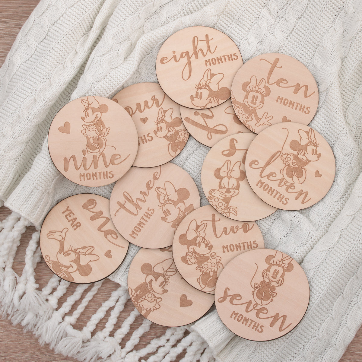 Minnie Mouse Natural Wood Tone, 12 Piece Wooden Engraved Milestone Cards