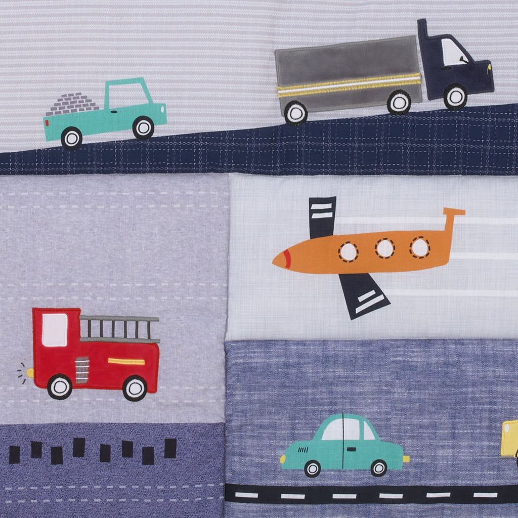 Transportation Trails Navy, Red, and Yellow Busy Cars, Trucks, Fire Engines 4 Piece Nursery Crib Bedding Set - Comforter, 100% Cotton Fitted Crib Sheet, Crib Skirt, and Nursery Organizer