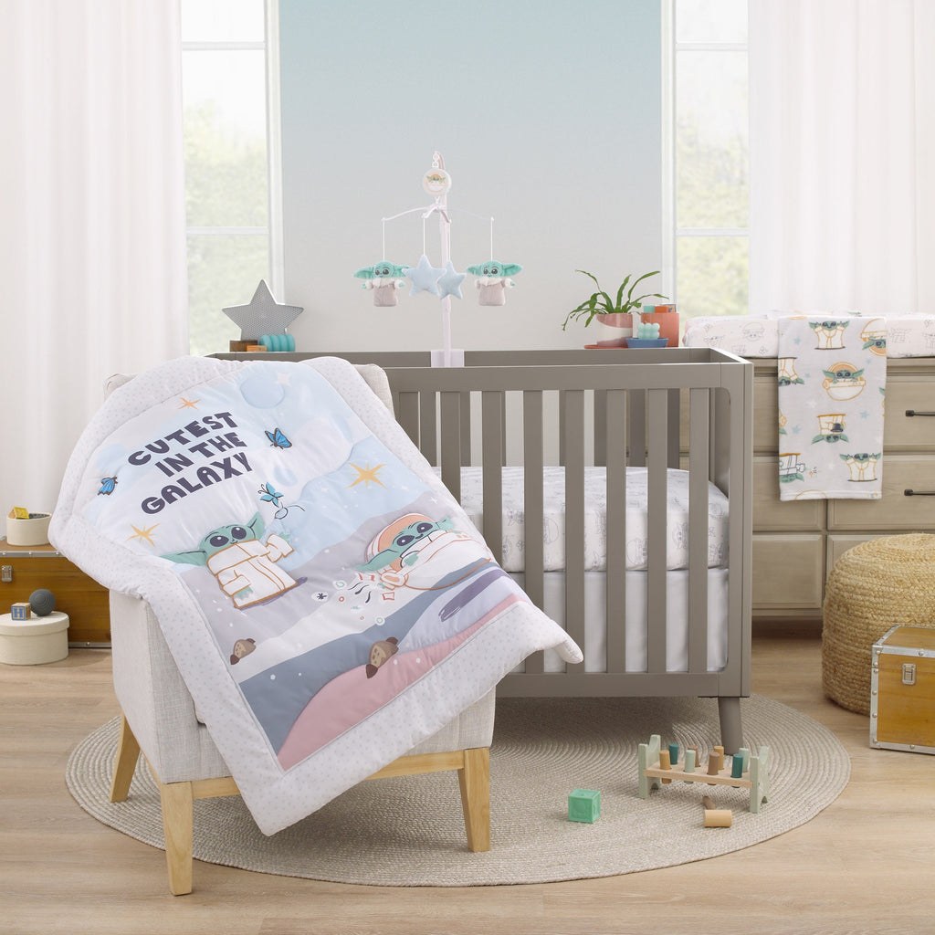Grogu Cutest in the Galaxy Cream and White Nursery Fitted Crib Sheet