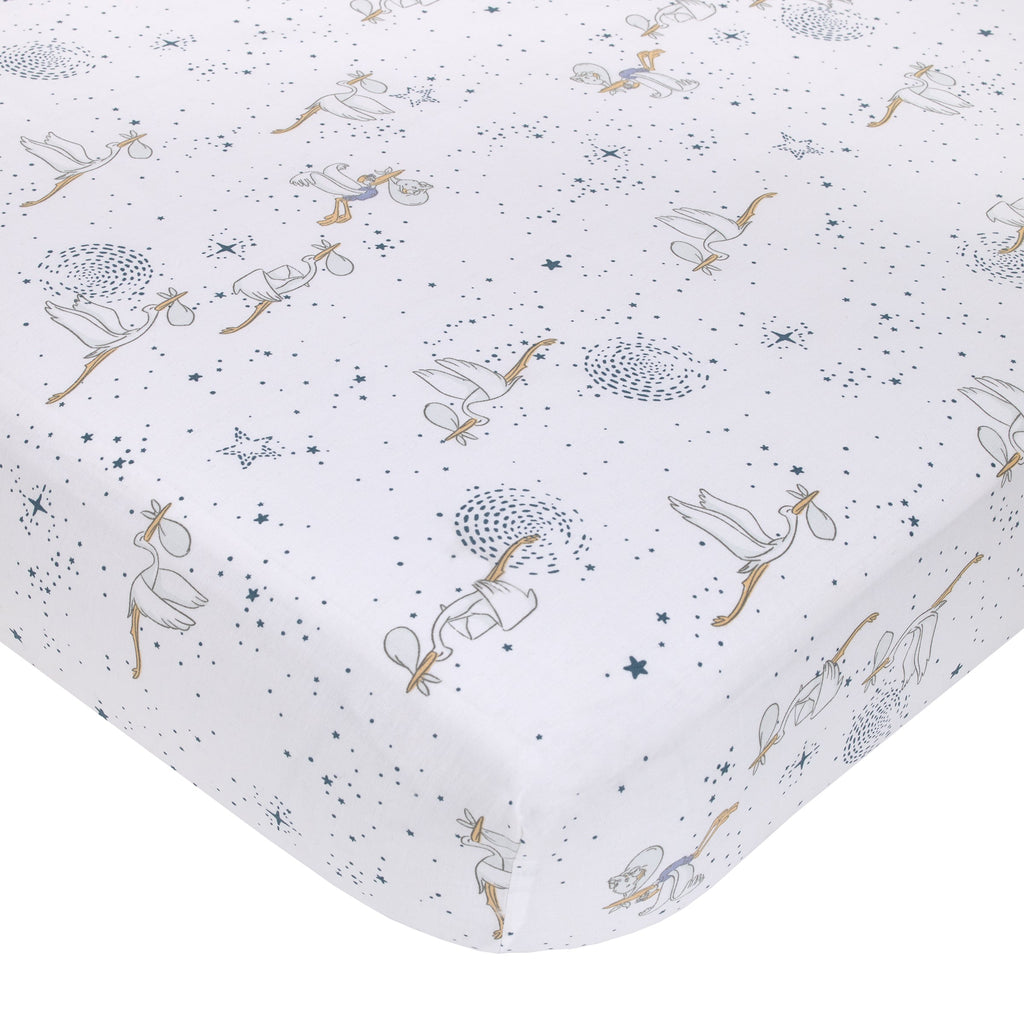 Dumbo Sweet Little Baby Light Blue, Gray, and White Storks, Stars, Clouds and Moon 3 Piece Nursery Crib Bedding Set - Comforter, 100% Cotton Fitted Crib Sheet and Crib Skirt