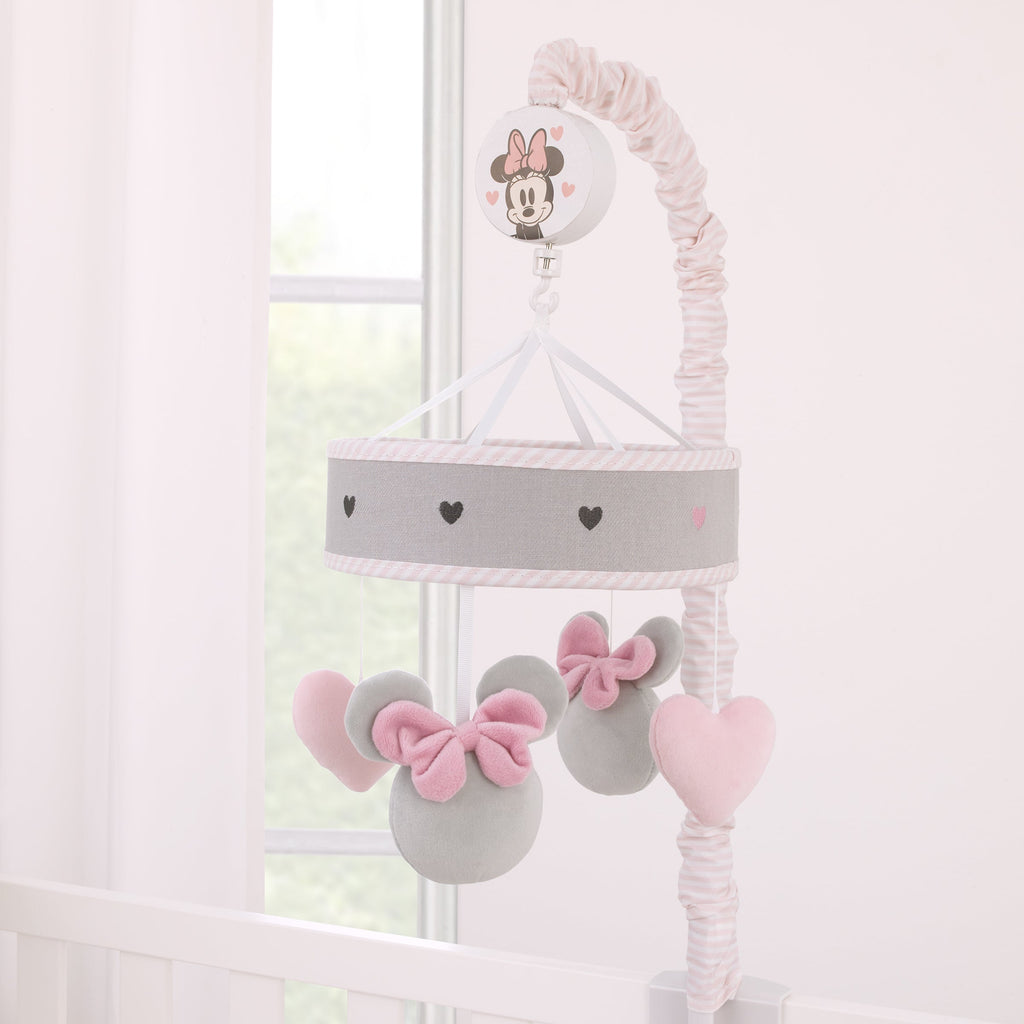 Disney Minnie Mouse My Happy Place Pink, Gray, and White Plush Musical Mobile