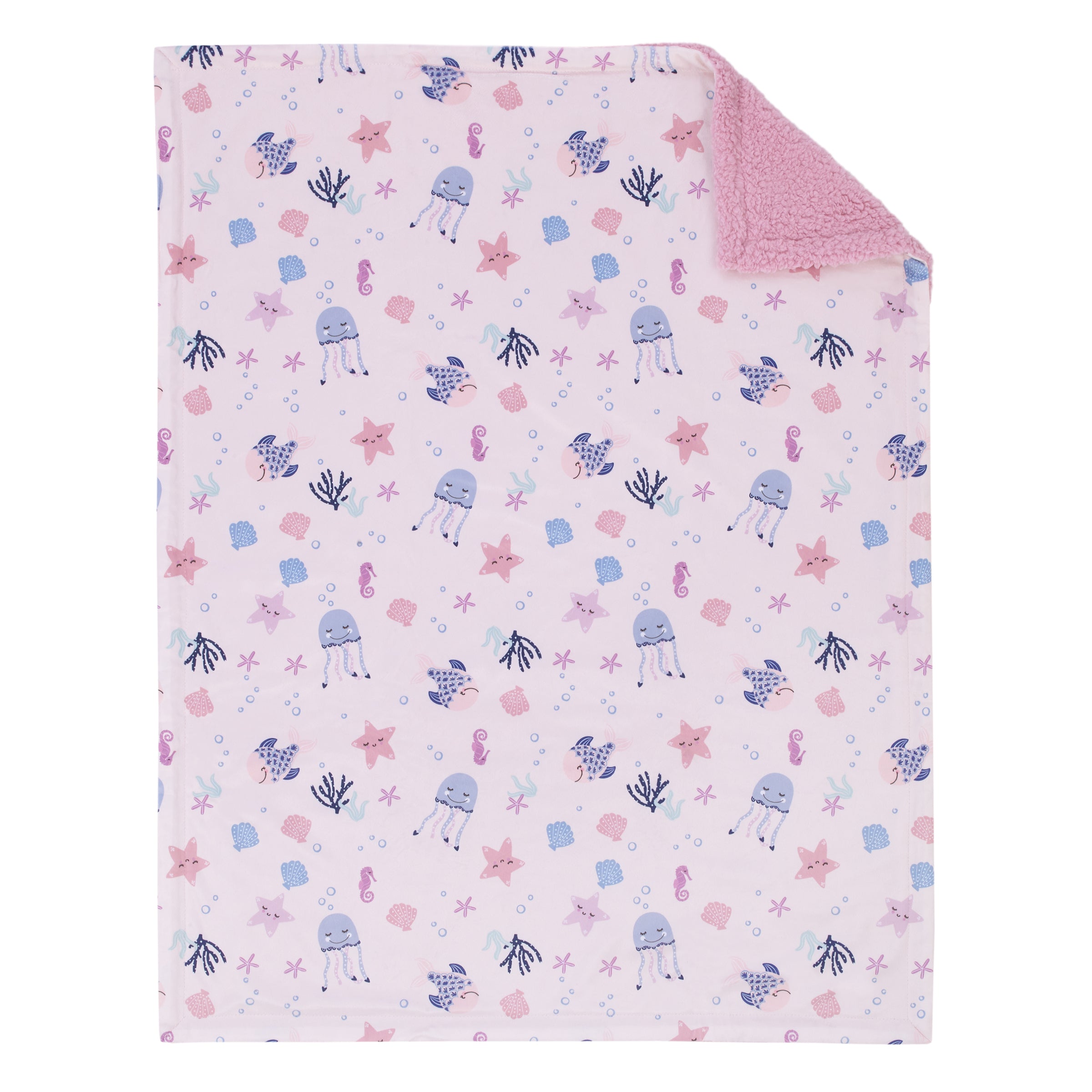 NoJo Mermaid Lagoon Pink and Blue Seashells, Jellyfish, Coral, and Seahorses Super Soft Sherpa Baby Blanket