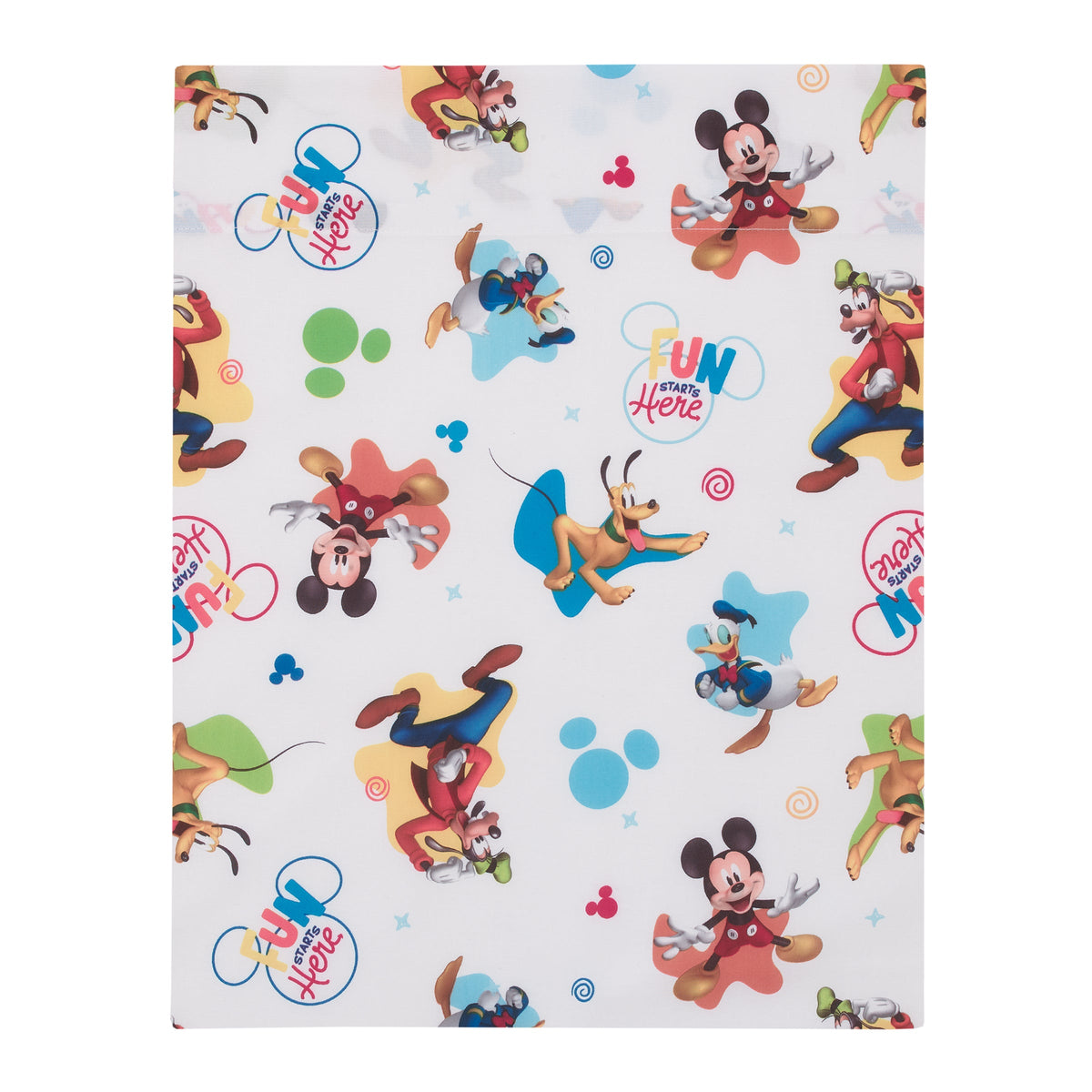 Disney Mickey Mouse Blue, Red, and Green, Donald Duck, Pluto, and Goofy, Fun Starts Here 4 Piece Toddler Bed Set - Comforter, Fitted Bottom Sheet, Flat Top Sheet, and Reversible Pillowcase