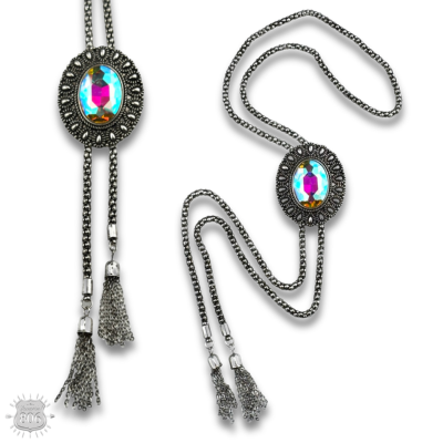 Western silver bolo necklace with oval stone slide