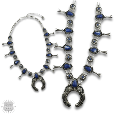 Western concho squash blossom necklace with denim natural stones