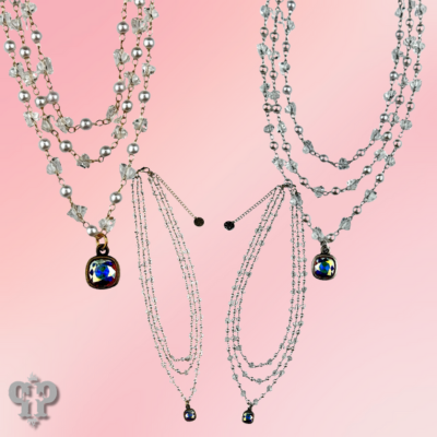 Three strand pearl and faceted acrylic bead necklace with crystals from Swarovski®