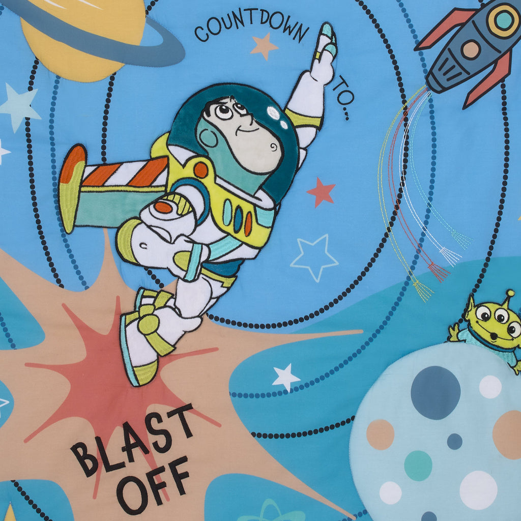 Toy Story Buzz Lightyear Blue, Orange, and Yellow Countdown to Blast-Off 3 Piece Nursery Crib Bedding Set - Comforter, 100% Cotton Fitted Crib Sheet and Crib Skirt