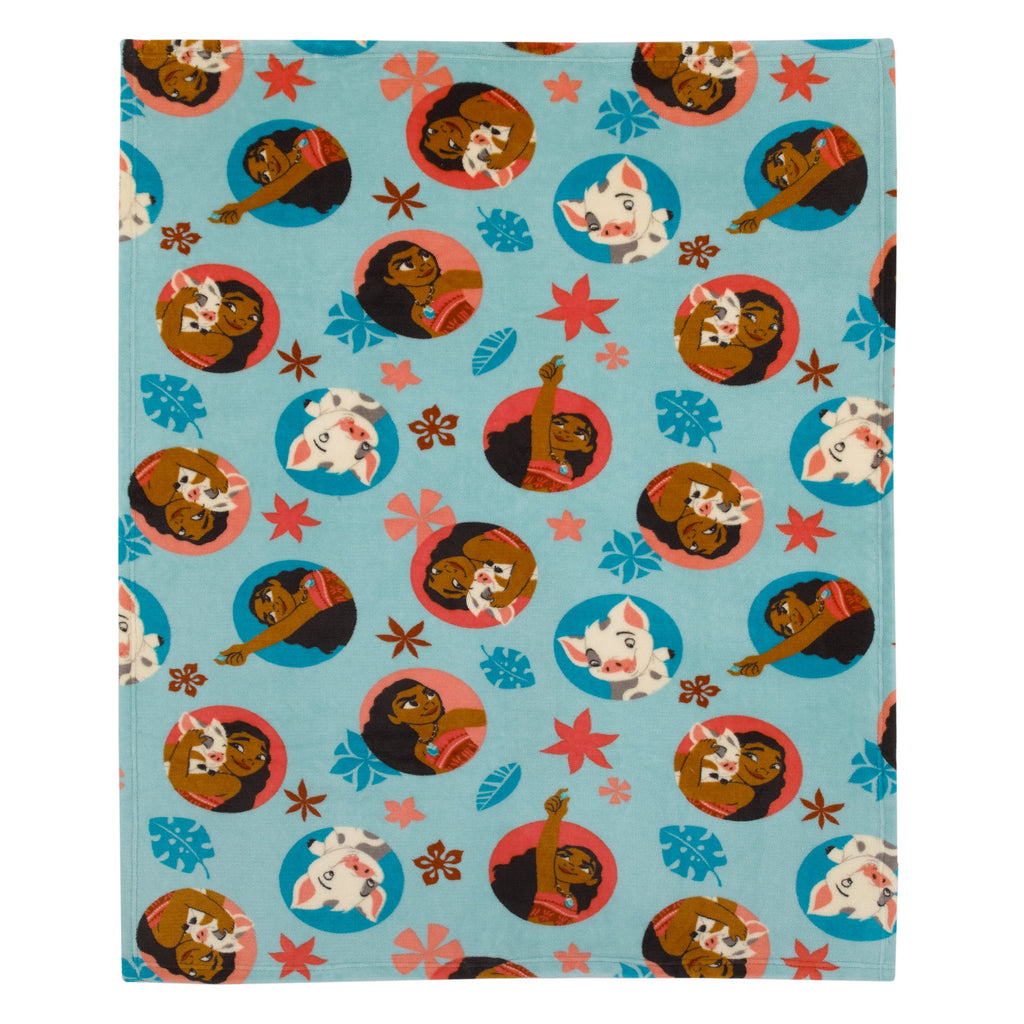 Moana Free as the Ocean Aqua, Orange, and White, Pua Pig, and Hei Hei Chicken Super Soft Toddler Blanket