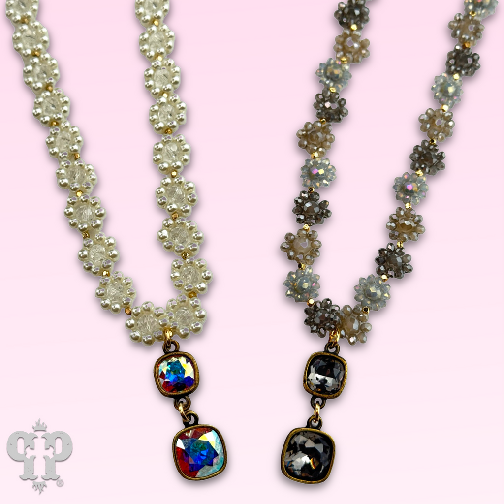 Bead woven flower necklace with crystal from Swarovski®