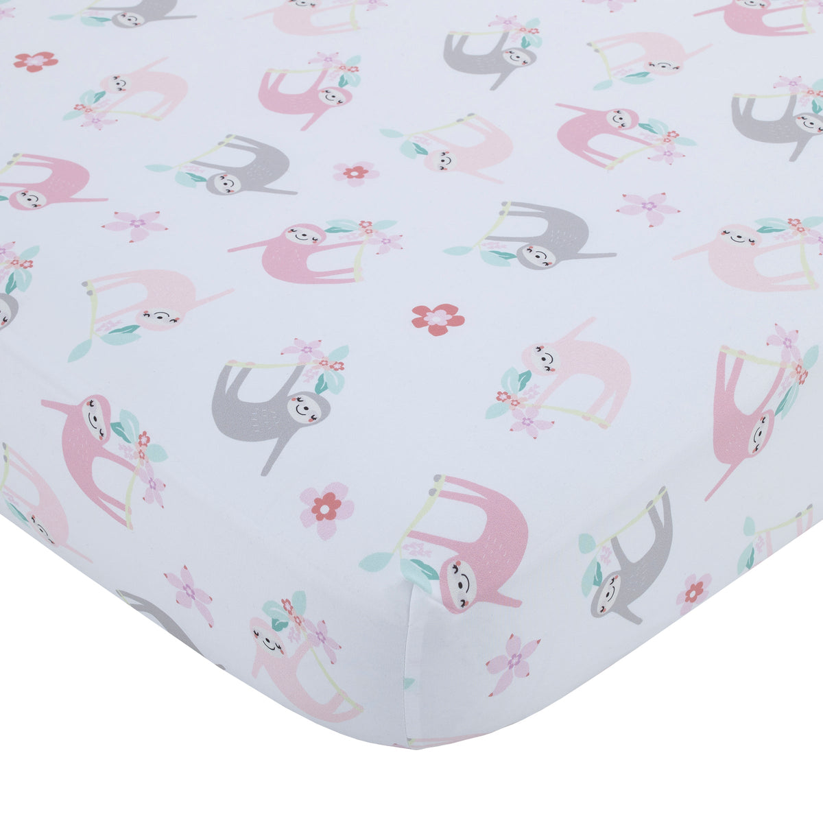 Tropical Garden Pink, Grey, and White Sloth Super Soft Fitted Crib Sheet