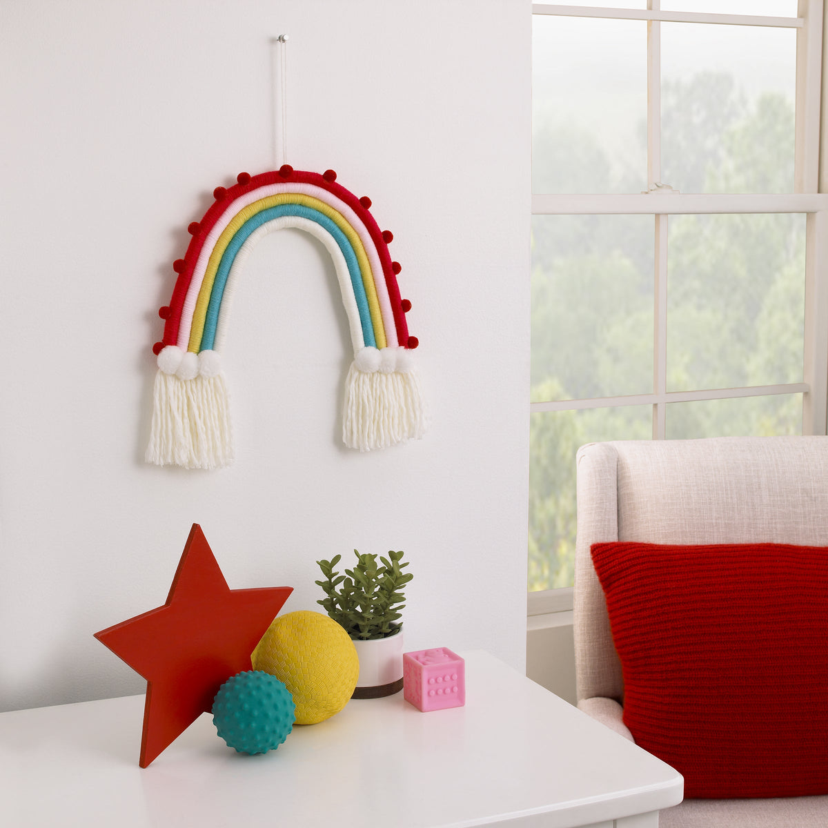 Rainbow Tapestry Red, Pink, Yellow, Blue and White Yarn Wall DÃ©cor