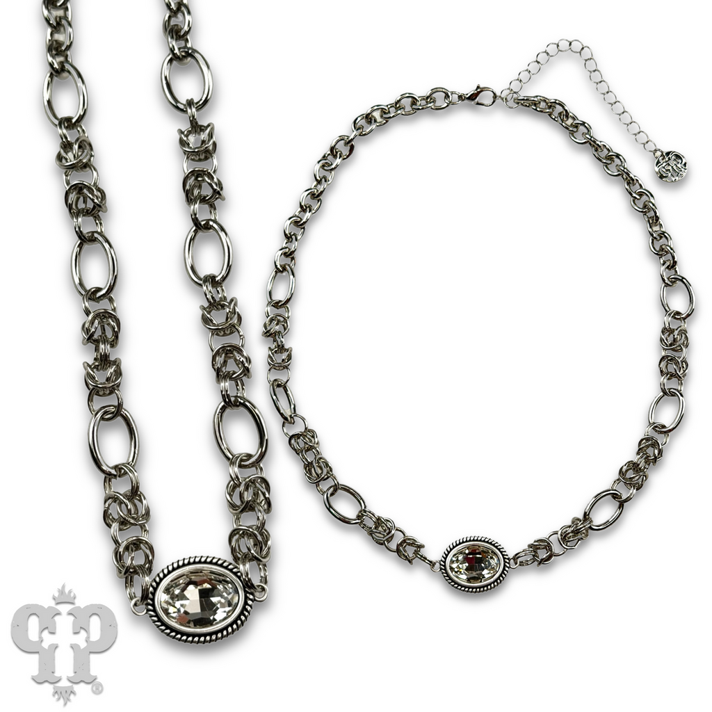 Horizontal oval crystal pendant on chain necklace