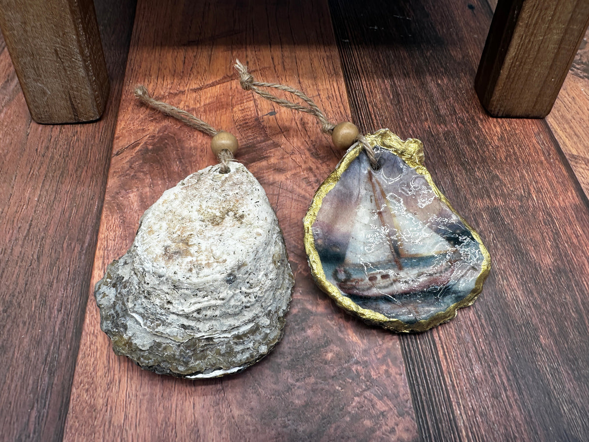 Decoupaged Oyster Ornament on Twine