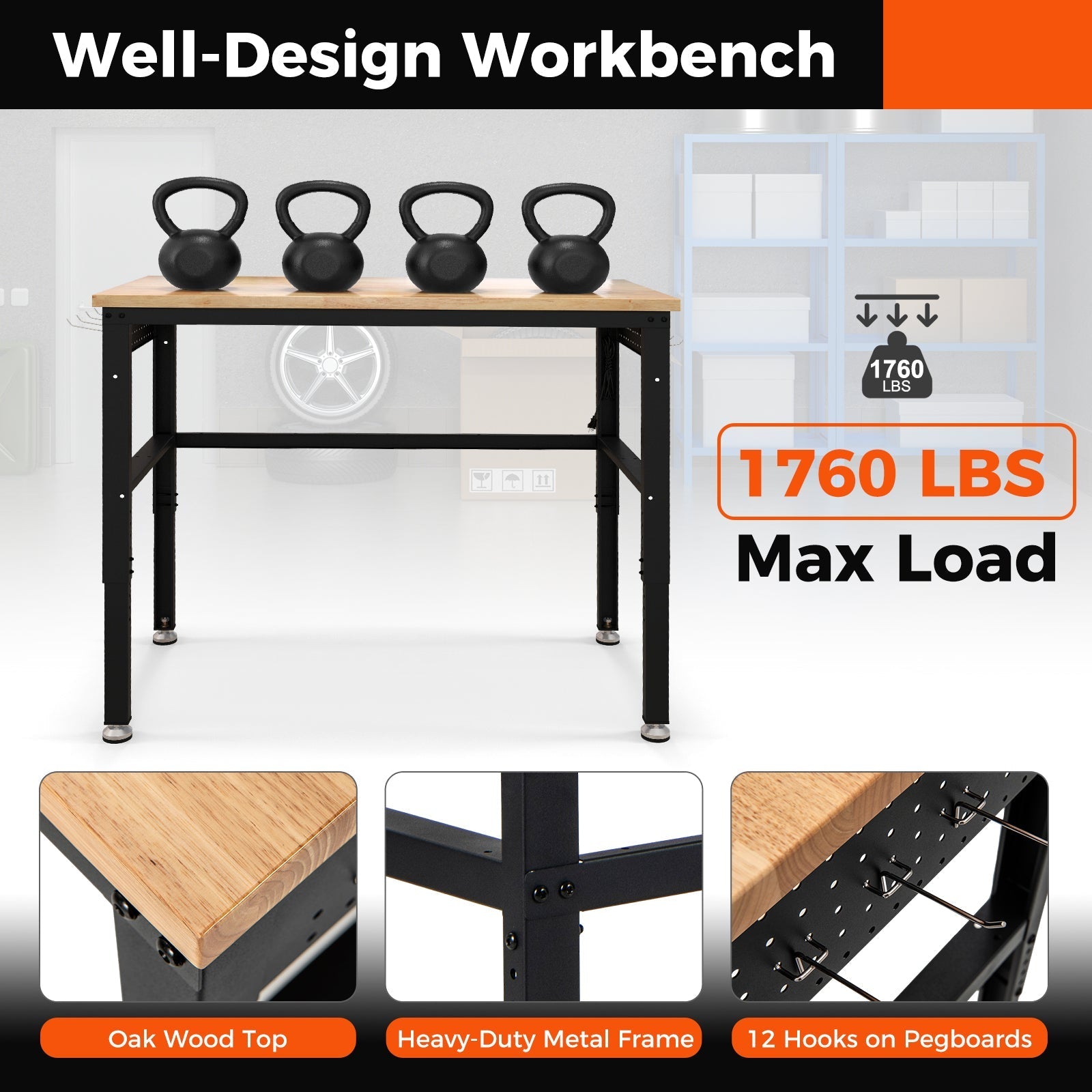 48 Inch Adjustable Work Bench with Power Outlets-Natural