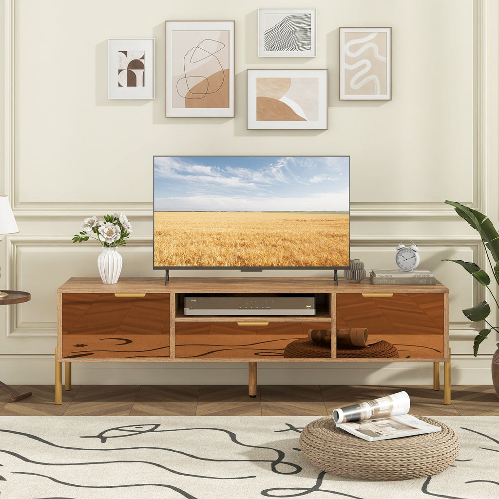 Mirrored TV Stand for TV up to 65 Inch with Spacious Tabletop and 2 Storage Cabinets-Natural