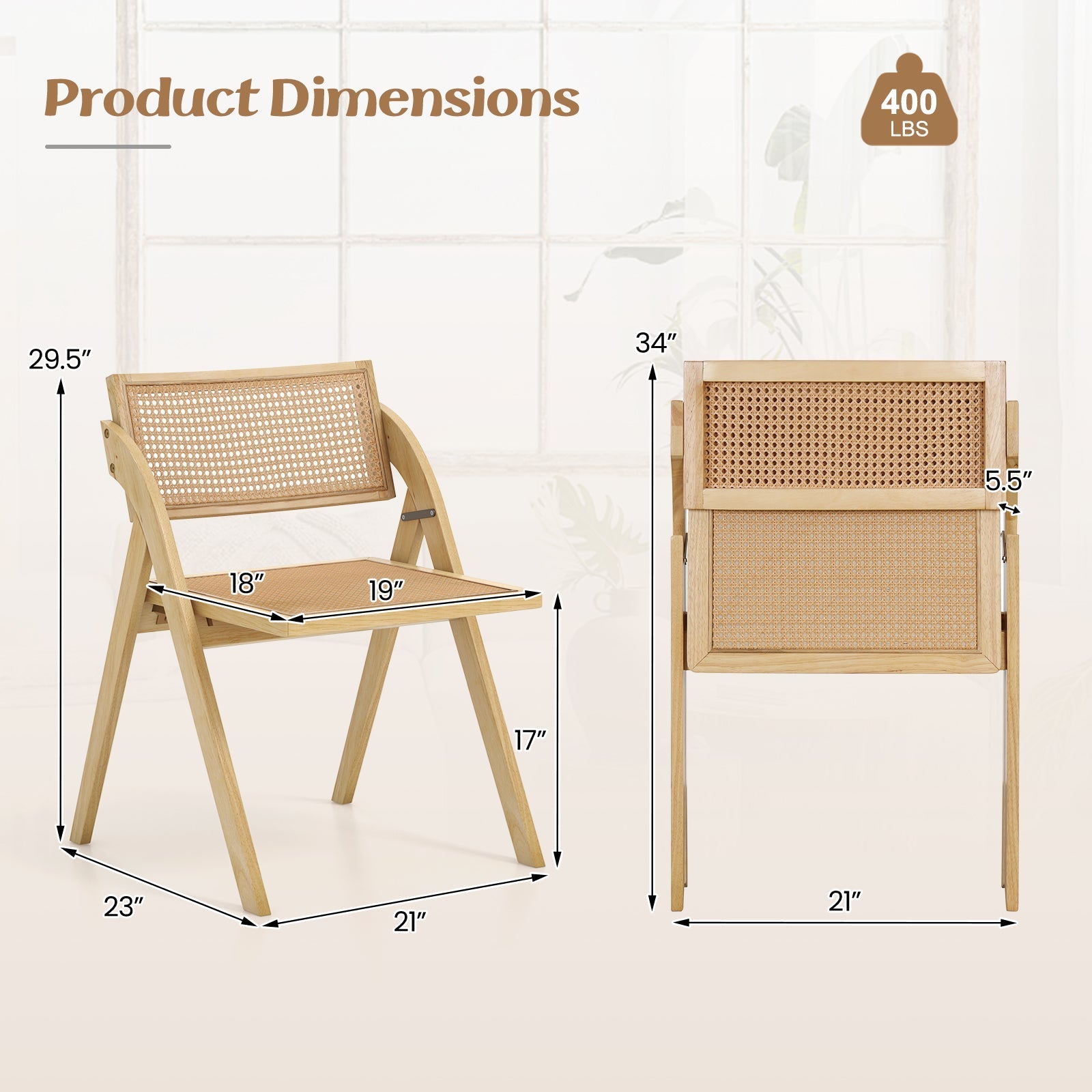 Foldable Dining Chairs Set of 2 with Woven Rattan Backrest