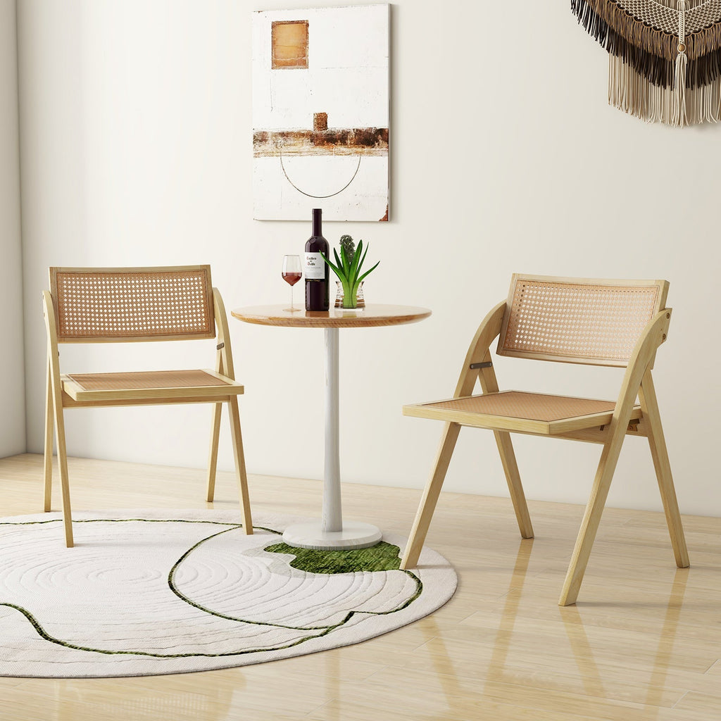 Foldable Dining Chairs Set of 2 with Woven Rattan Backrest