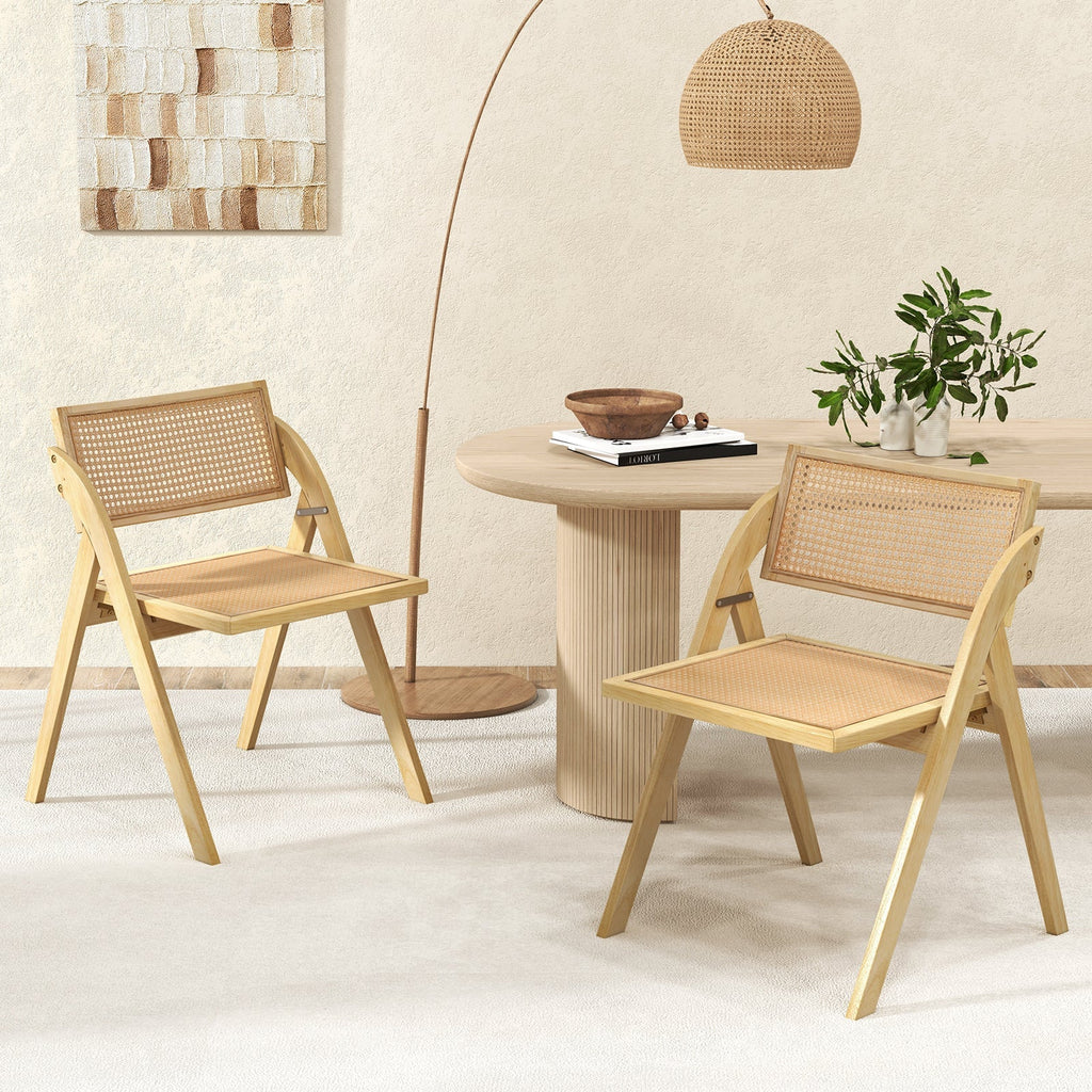 Foldable Dining Chairs Set of 2 with Woven Rattan Backrest