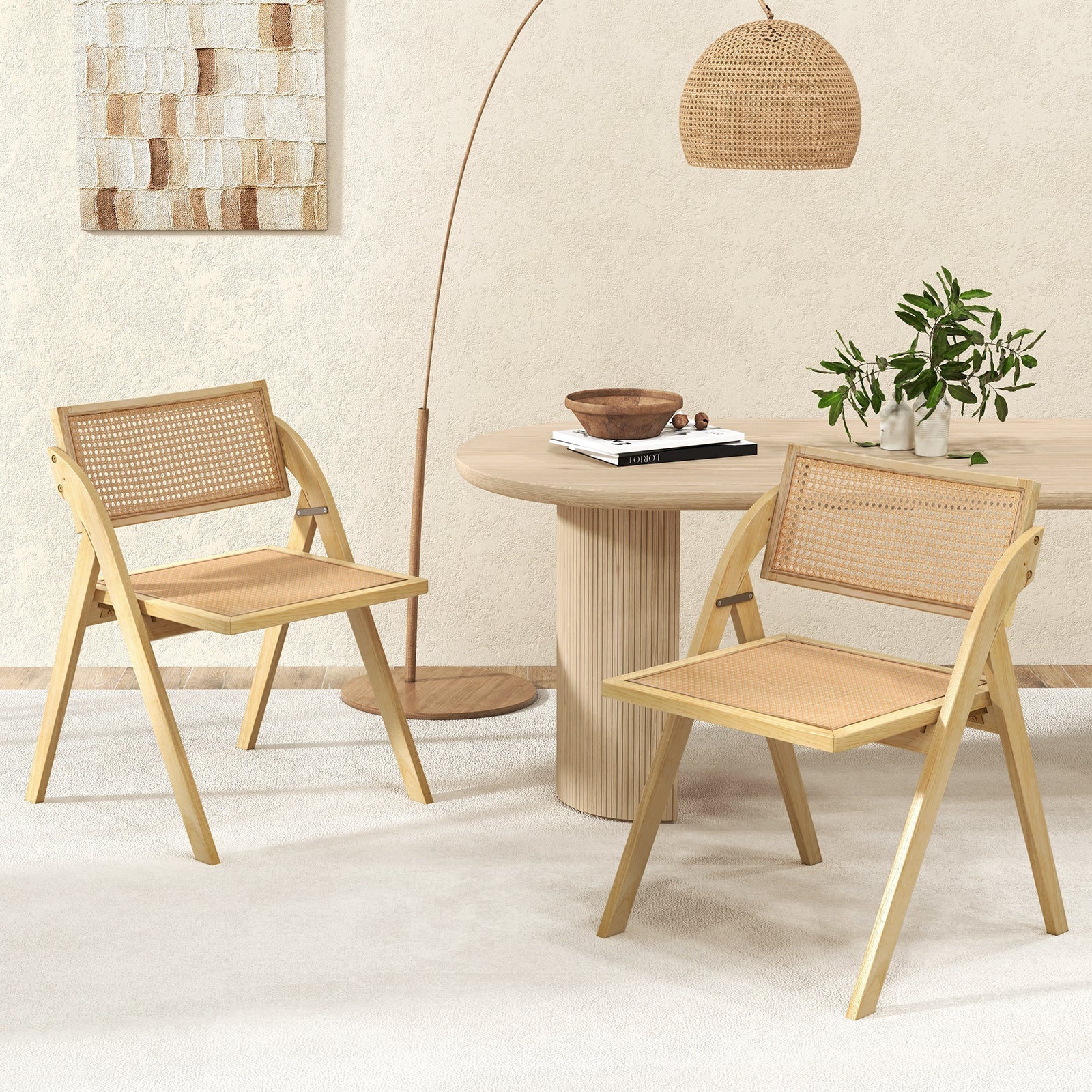 Foldable Dining Chairs Set of 2 with Woven Rattan Backrest